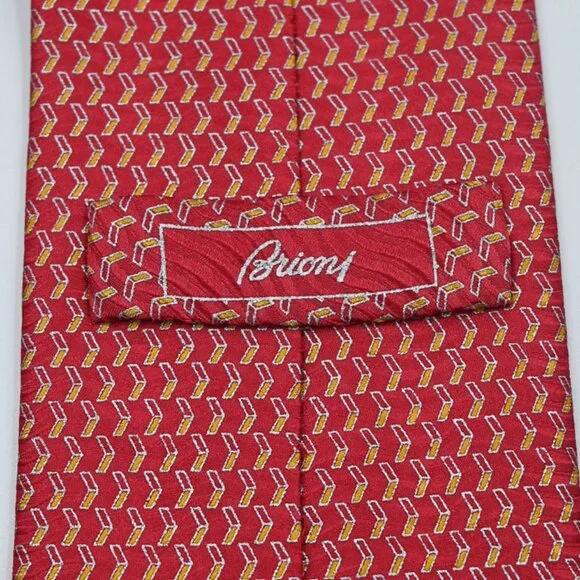 NEW $295 Brioni Red W/ Gold and Silver Design Made in Italy Long Satin Silk Tie